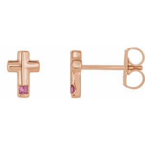 14K Rose Gold Natural Pink Tourmaline Cross Earrings