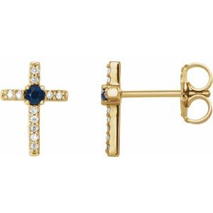 14K Yellow Gold Lab-Grown Blue Sapphire & .05 CTW Natural Diamond Cross Earrings