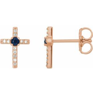 14K Rose Gold Lab-Grown Blue Sapphire & .05 CTW Natural Diamond Cross Earrings