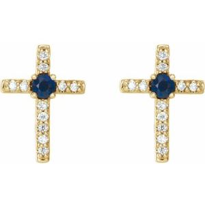 14K Yellow Gold Natural Blue Sapphire & .05 CTW Natural Diamond Cross Earrings