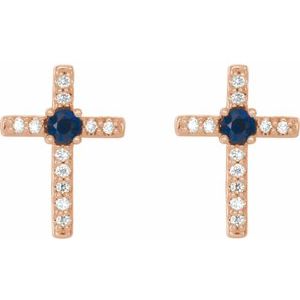 14K Rose Gold Lab-Grown Blue Sapphire & .05 CTW Natural Diamond Cross Earrings