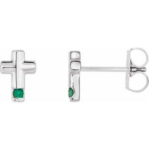 14K White Gold Natural Emerald Cross Earrings