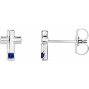 14K White Gold Natural Blue Sapphire Cross Earrings