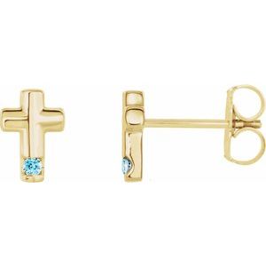14K Yellow Gold Natural Blue Zircon Cross Earrings