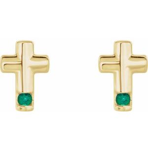 14K Yellow Gold Lab-Grown Emerald Cross Earrings