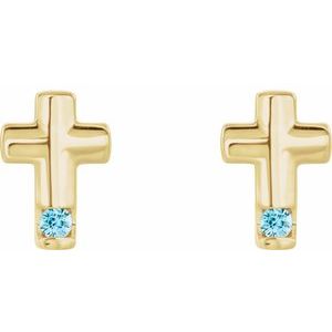 14K Yellow Gold Natural Blue Zircon Cross Earrings
