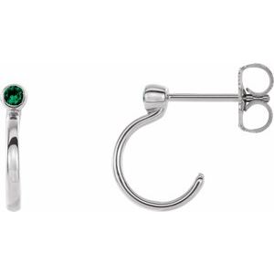 14K White Gold 2.5 mm Natural Emerald Huggie J-Hoop Earring