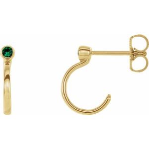 14K Yellow Gold 2 mm Natural Emerald Huggie J-Hoop Earring