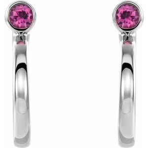 14K White Gold 2 mm Natural Pink Tourmaline Huggie J-Hoop Earring