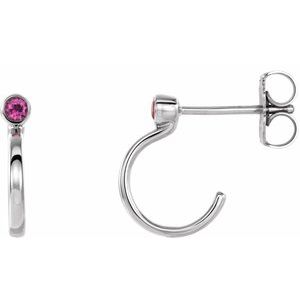 14K White Gold 2 mm Natural Pink Tourmaline Huggie J-Hoop Earring