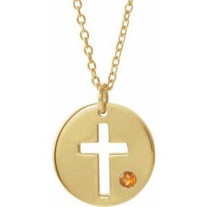 14K Yellow Gold Natural Citrine Pierced Cross Disc 16-18" Necklace