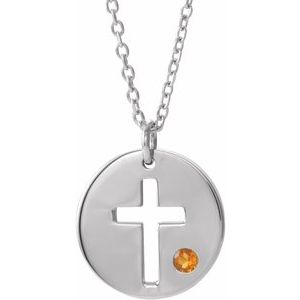 14K White Gold Natural Citrine Pierced Cross Disc 16-18" Necklace