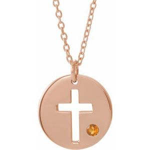 14K Rose Gold Natural Citrine Pierced Cross Disc 16-18" Necklace