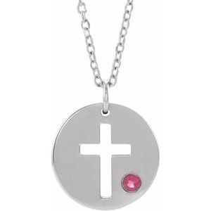 Sterling Silver Imitation Pink Tourmaline Pierced Cross Disc 16-18" Necklace