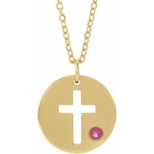 14K Yellow Gold Natural Tourmaline Pierced Cross Disc 16-18" Necklace
