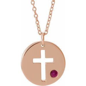 14K Rose Gold Natural Ruby Pierced Cross Disc 16-18" Necklace