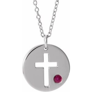 14K White Gold Natural Ruby Pierced Cross Disc 16-18" Necklace