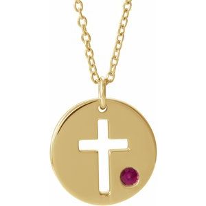14K Yellow Gold Natural Ruby Pierced Cross Disc 16-18" Necklace