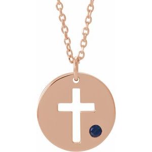 14K Rose Gold Natural Sapphire Pierced Cross Disc 16-18" Necklace