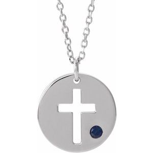 14K White Gold Natural Sapphire Pierced Cross Disc 16-18" Necklace