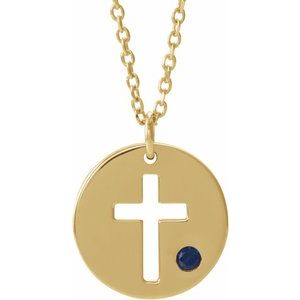 14K Yellow Gold Natural Sapphire Pierced Cross Disc 16-18" Necklace