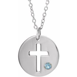 14K White Gold Natural Aquamarine Pierced Cross Disc 16-18" Necklace