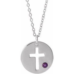 14K White Gold Natural Amethyst Pierced Cross Disc 16-18" Necklace