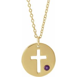 14K Yellow Gold Natural Amethyst Pierced Cross Disc 16-18" Necklace