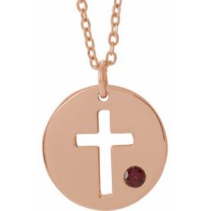 14K Rose Gold Natural Garnet Pierced Cross Disc 16-18" Necklace