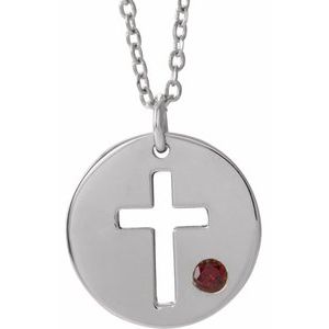 Sterling Silver Imitation Mozambique Garnet Pierced Cross Disc 16-18" Necklace