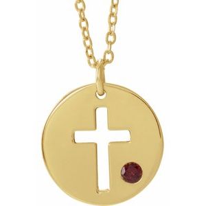 14K Yellow Gold Natural Garnet Pierced Cross Disc 16-18" Necklace
