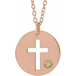 14K Rose Gold Natural Peridot Pierced Cross Disc 16-18" Necklace