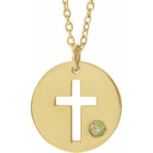 14K Yellow Gold Natural Peridot Pierced Cross Disc 16-18" Necklace
