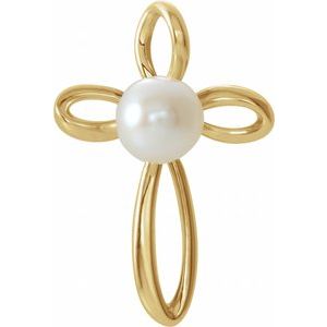 14K Yellow Gold Cultured White Freshwater Pearl Cross Pendant