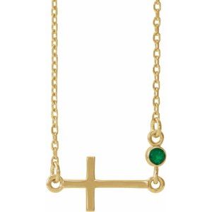 14K Yellow Gold Lab-Grown Emerald Sideways Cross 16-18" Necklace