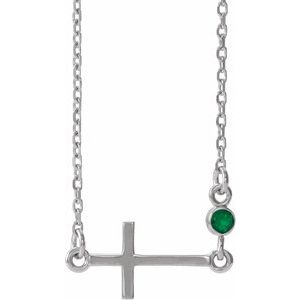 14K White Gold Natural Emerald Sideways Cross 16-18" Necklace