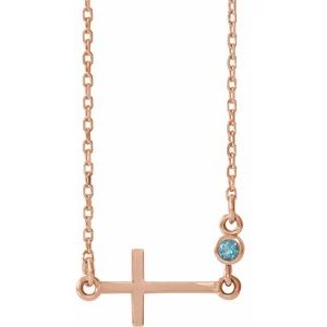 14K Rose Gold Natural Aquamarine Sideways Cross 16-18" Necklace