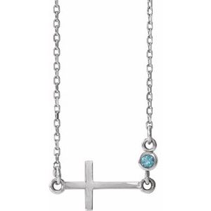 Sterling Silver Natural Aquamarine Sideways Cross 16-18" Necklace