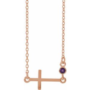 14K Rose Gold Natural Amethyst Sideways Cross 16-18" Necklace