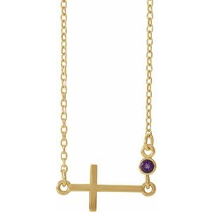14K Yellow Gold Natural Amethyst Sideways Cross 16-18" Necklace