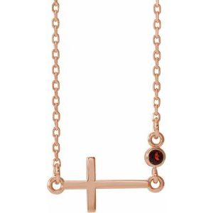 14K Rose Gold Natural Mozambique Garnet Sideways Cross 16-18" Necklace