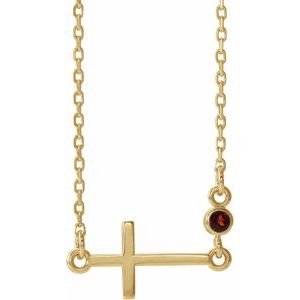 14K Yellow Gold Natural Mozambique Garnet Sideways Cross 16-18" Necklace