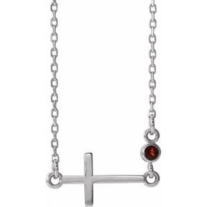 14K White Gold Natural Mozambique Garnet Sideways Cross 16-18" Necklace