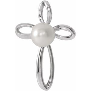 14K White Gold Cultured White Freshwater Pearl Cross Pendant