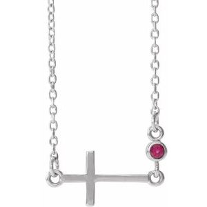 14K White Gold Natural Ruby Sideways Cross 16-18" Necklace