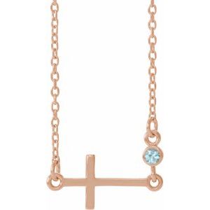 14K Rose Gold Natural Blue Zircon Sideways Cross 16-18" Necklace