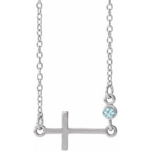 14K White Gold Natural Blue Zircon Sideways Cross 16-18" Necklace