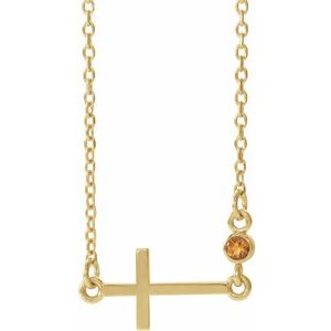 14K Yellow Gold Natural Citrine Sideways Cross 16-18" Necklace