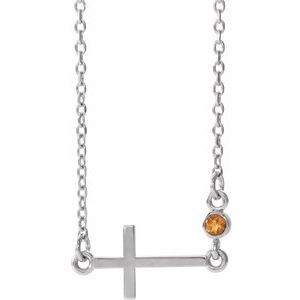 14K White Gold Natural Citrine Sideways Cross 16-18" Necklace