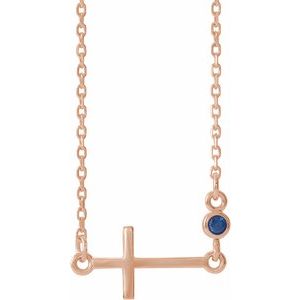 14K Rose Gold Lab-Grown Blue Sapphire Sideways Cross 16-18" Necklace